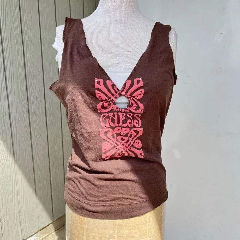 Guess Y2K Vintage Cotton Tee Tank Art Deco Graphic Rhinestone Embellished - LG